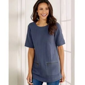 🔴 Soft Surroundings Blue Mirage Tunic Top Size PXL Crinkle Texture